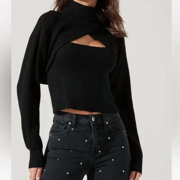 ASTR Revolve Women’s Taissa Bolero Black Knit Shrug Turtleneck Mockneck Sweater - Picture 5 of 11